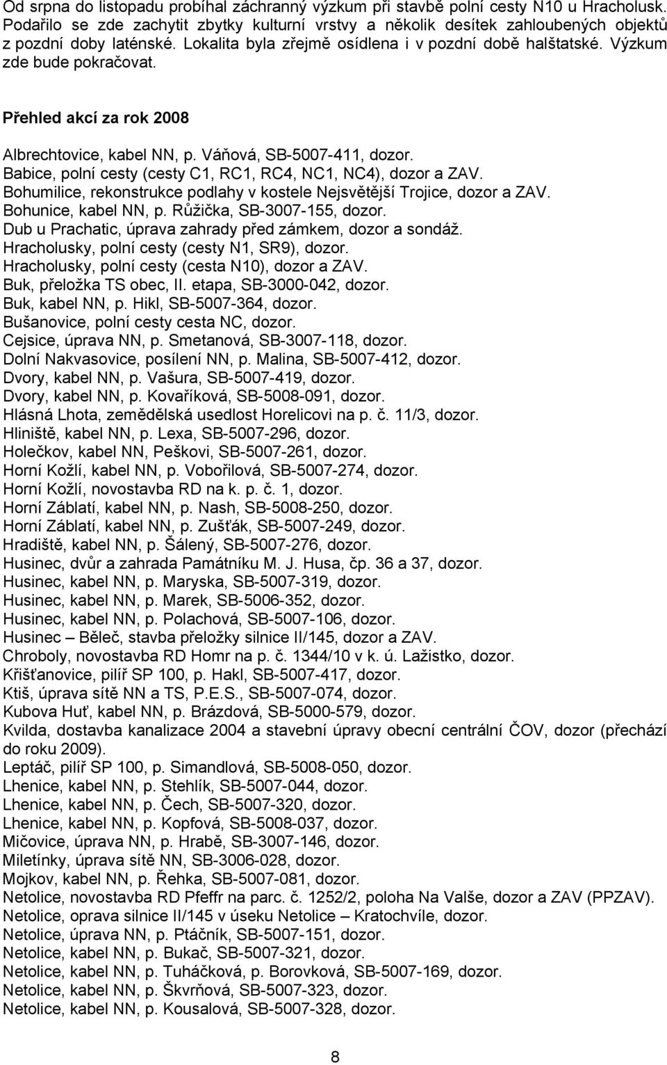 Babice, polní cesty (cesty C1, RC1, RC4, NC1, NC4), dozor a ZAV. Bohumilice, rekonstrukce podlahy v kostele Nejsvětější Trojice, dozor a ZAV. Bohunice, kabel NN, p. Růžička, SB-3007-155, dozor.