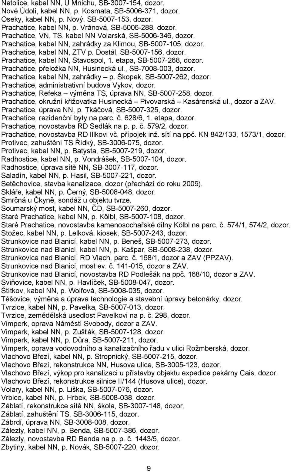 Dostál, SB-5007-156, dozor. Prachatice, kabel NN, Stavospol, 1. etapa, SB-5007-268, dozor. Prachatice, přeložka NN, Husinecká ul., SB-7008-003, dozor. Prachatice, kabel NN, zahrádky p.