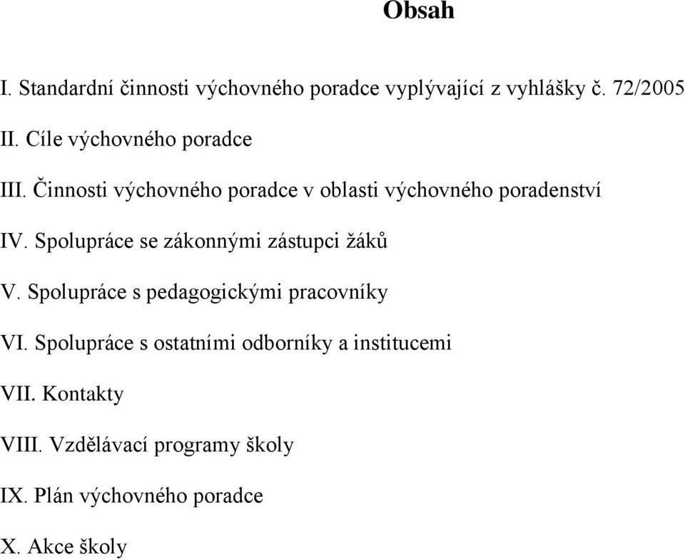 Spolupráce se zákonnými zástupci žáků V. Spolupráce s pedagogickými pracovníky VI.