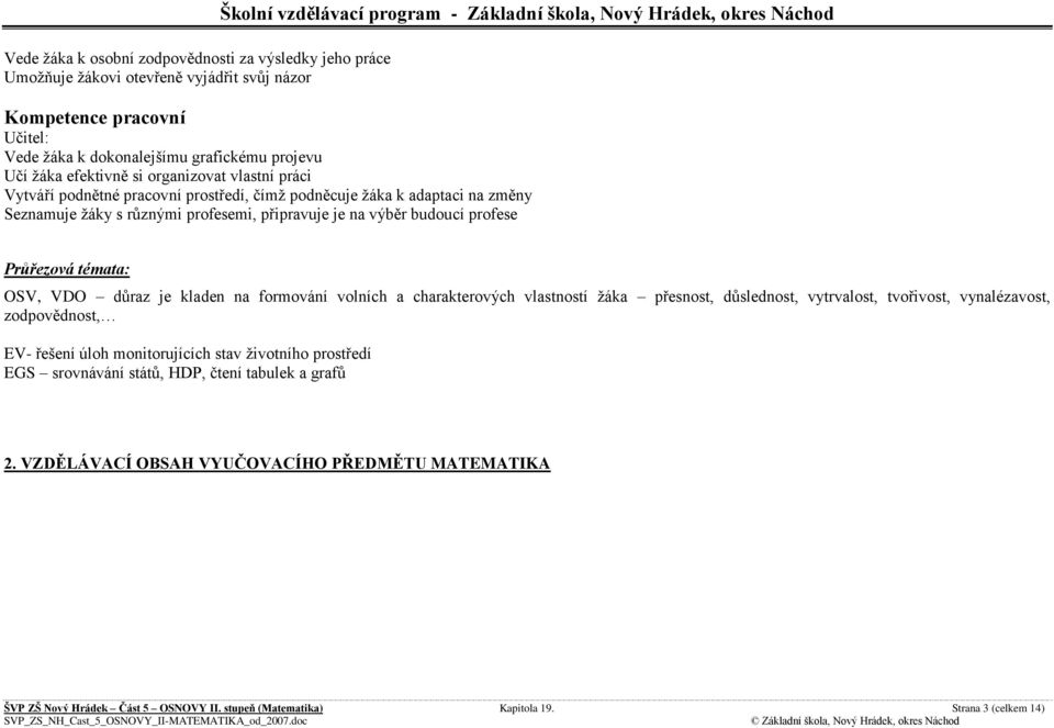 profesemi, připravuje je na výběr budoucí profese Průřezová témata: OSV, VDO důraz je kladen na formování volních a charakterových vlastností ţáka přesnost, důslednost, vytrvalost, tvořivost,