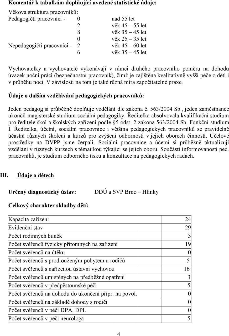 péče o děti i v průběhu noci. V závislosti na tom je také různá míra započitatelné praxe. Údaje o dalším vzdělávání pedagogických pracovníků: Jeden pedagog si průběžně doplňuje vzdělání dle zákona č.