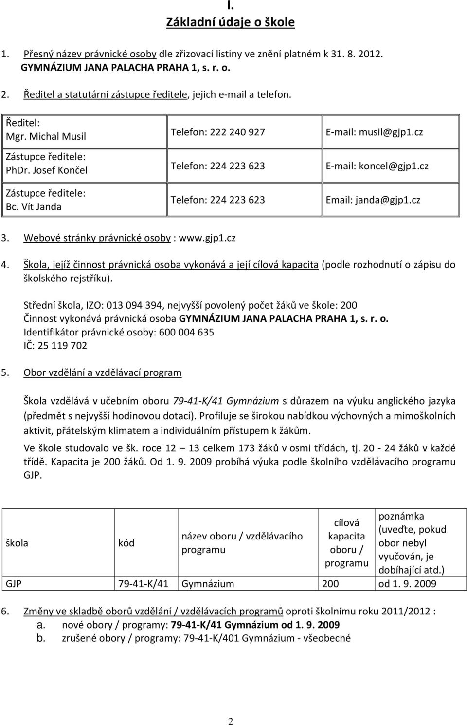 Vít Janda Telefon: 224 223 623 Email: janda@gjp1.cz 3. Webové stránky právnické osoby : www.gjp1.cz 4.