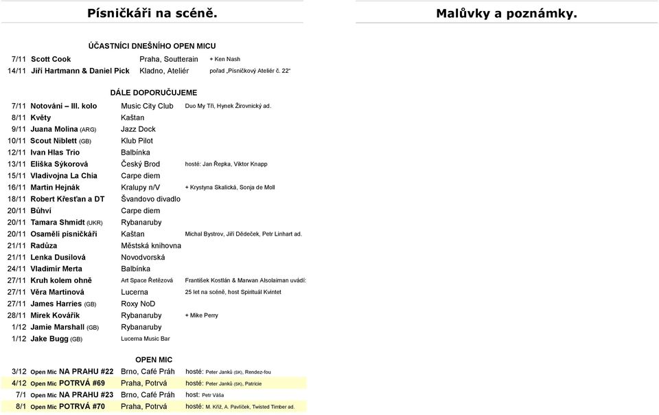 10/11 Scout Niblett (GB) Klub Pilot 12/11 Ivan Hlas Trio Balbínka 13/11 Eliška Sýkorová Český Brod 15/11 Vladivojna La Chia Carpe diem 16/11 Martin Hejnák Kralupy n/v 18/11 Robert Křesťan a DT