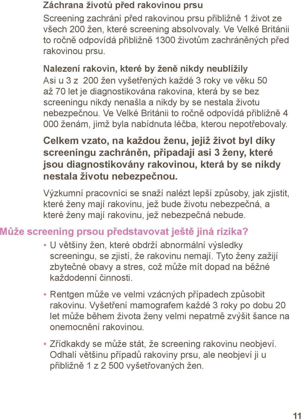 Nalezení rakovin, které by ženě nikdy neublížily Asi u 3 z 200 žen vyšetřených každé 3 roky ve věku 50 až 70 let je diagnostikována rakovina, která by se bez screeningu nikdy nenašla a nikdy by se