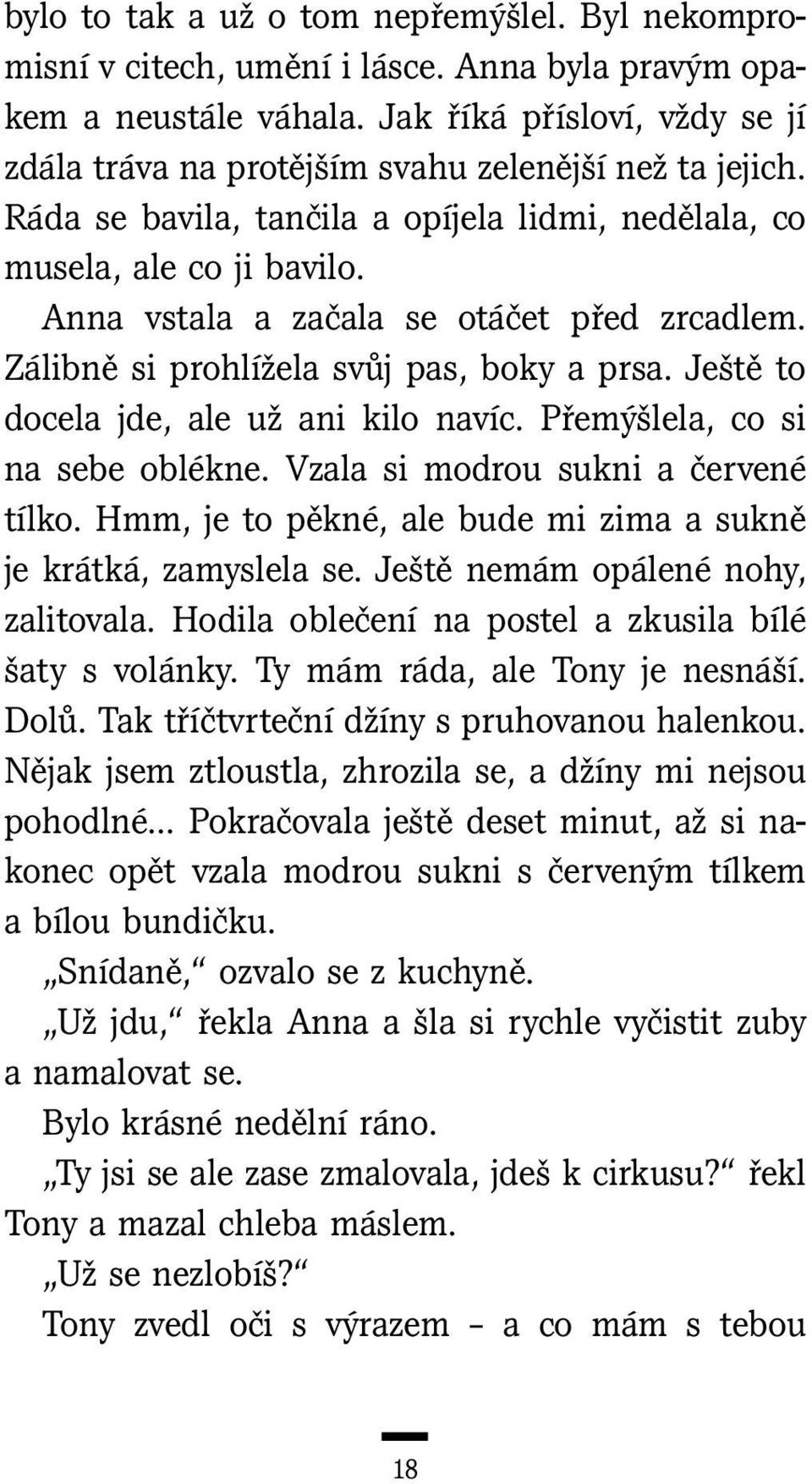 Anna vstala a začala se otáčet před zrcadlem. Zálibně si prohlížela svůj pas, boky a prsa. Ještě to docela jde, ale už ani kilo navíc. Přemýšlela, co si na sebe oblékne.