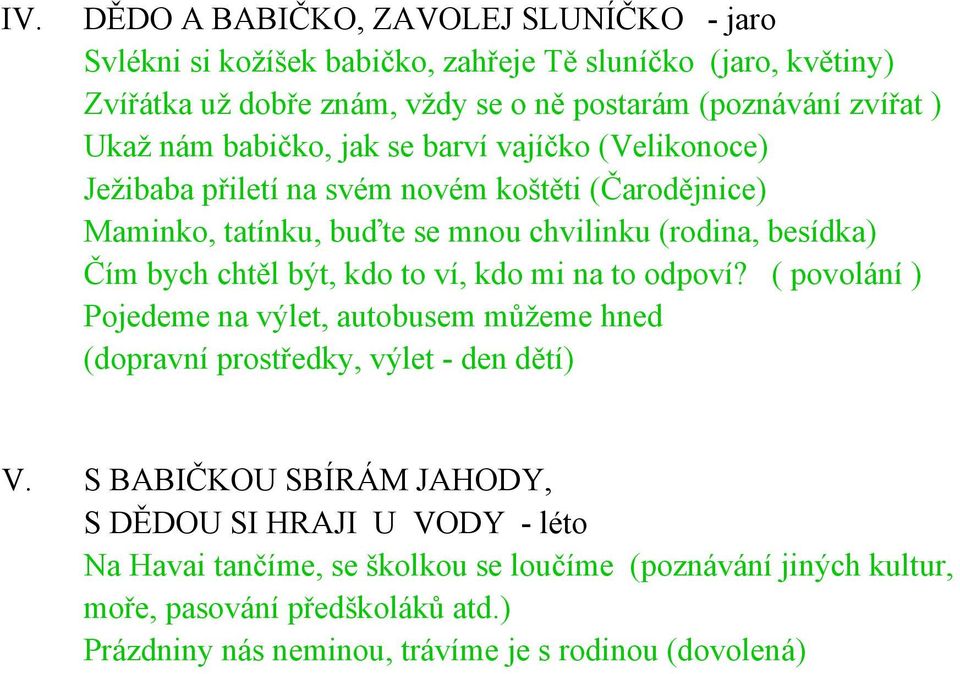 chtěl být, kdo to ví, kdo mi na to odpoví? ( povolání ) Pojedeme na výlet, autobusem můžeme hned (dopravní prostředky, výlet - den dětí) V.