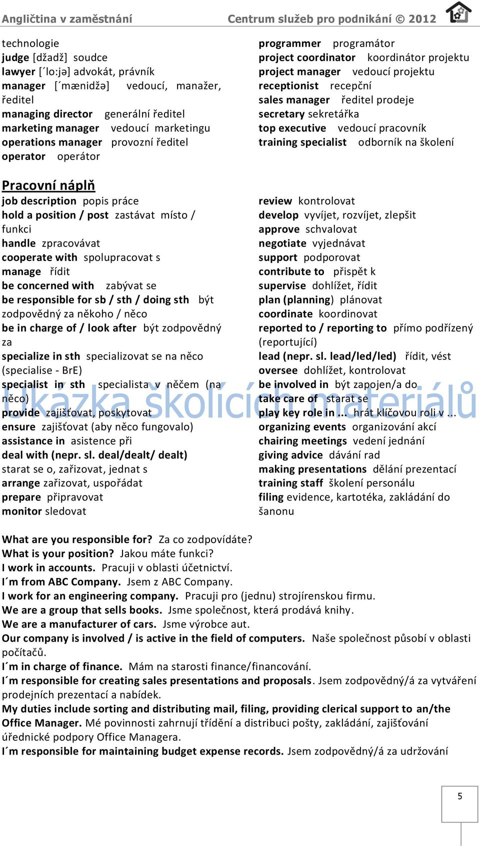 concerned with zabývat se be responsible for sb / sth / doing sth být zodpovědný za někoho / něco be in charge of / look after být zodpovědný za specialize in sth specializovat se na něco (specialise