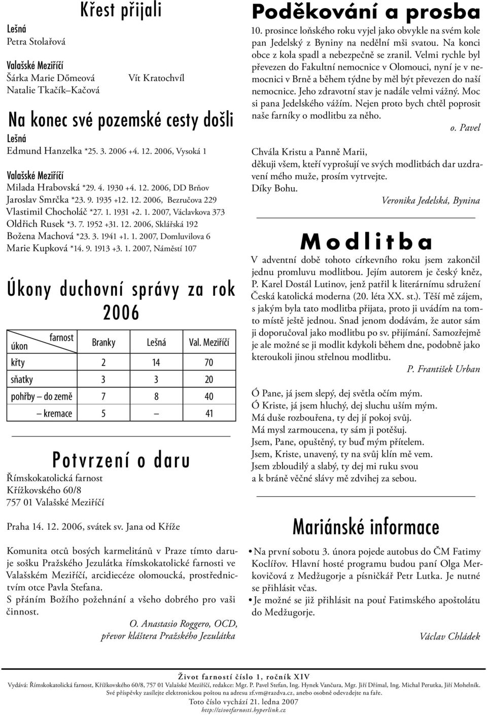 7. 1952 +31. 12. 2006, Sklářská 192 Božena Machová *23. 3. 1941 +1. 1. 2007, Domluvilova 6 Marie Kupková *14. 9. 1913 +3. 1. 2007, Náměstí 107 Úkony duchovní správy za rok 2006 úkon farnost Branky Lešná Val.