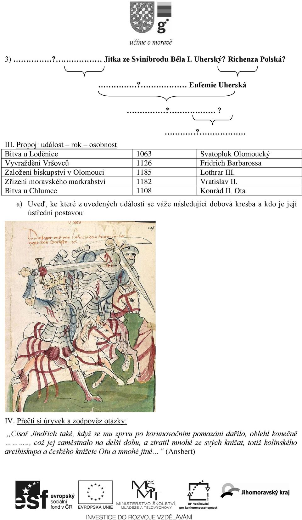 Zřízení moravského markrabství 1182 Vratislav II. Bitva u Chlumce 1108 Konrád II.