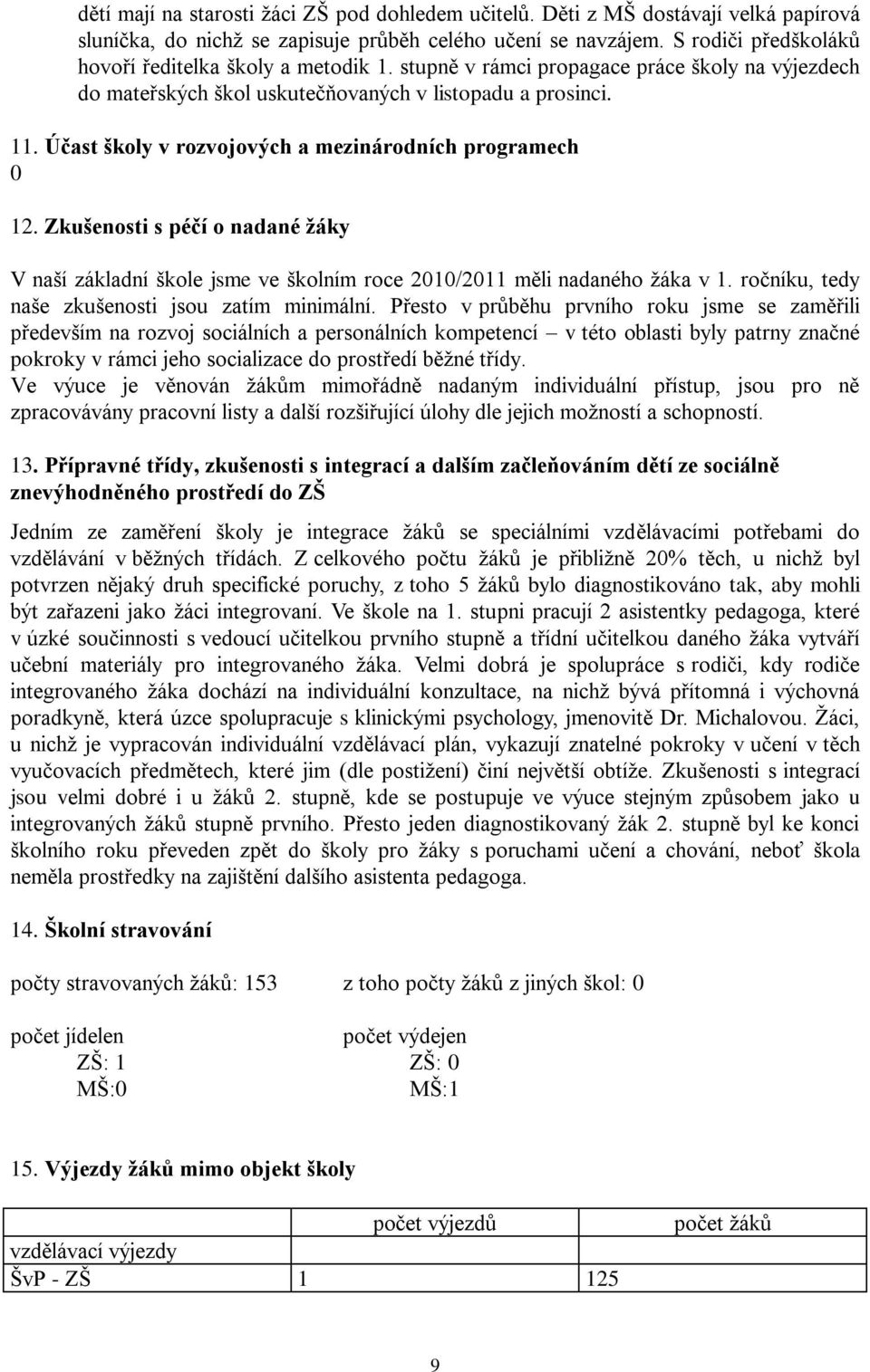 Účast školy v rozvojových a mezinárodních programech 0 12. Zkušenosti s péčí o nadané žáky V naší základní škole jsme ve školním roce 2010/2011 měli nadaného ţáka v 1.