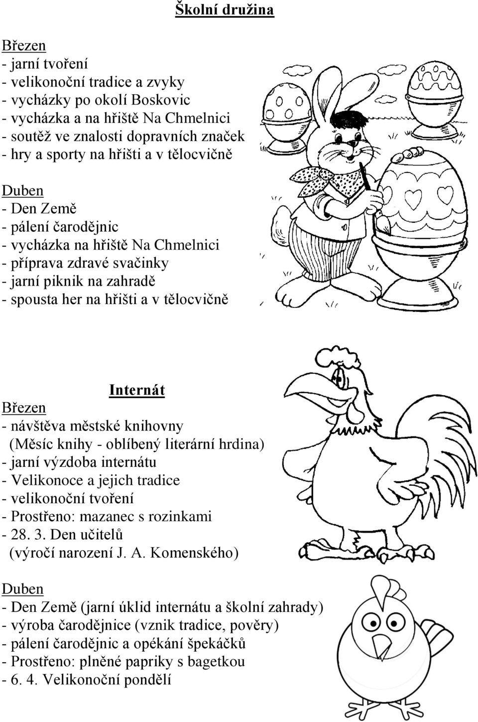 návštěva městské knihovny (Měsíc knihy - oblíbený literární hrdina) - jarní výzdoba internátu - Velikonoce a jejich tradice - velikonoční tvoření - Prostřeno: mazanec s rozinkami - 28. 3.