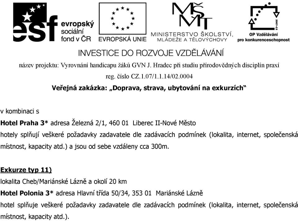 Exkurze typ 11) lokalita Cheb/Mariánské Lázně a okolí 20 km Hotel Polonia 3* adresa Hlavní třída 50/34, 353 01 Mariánské