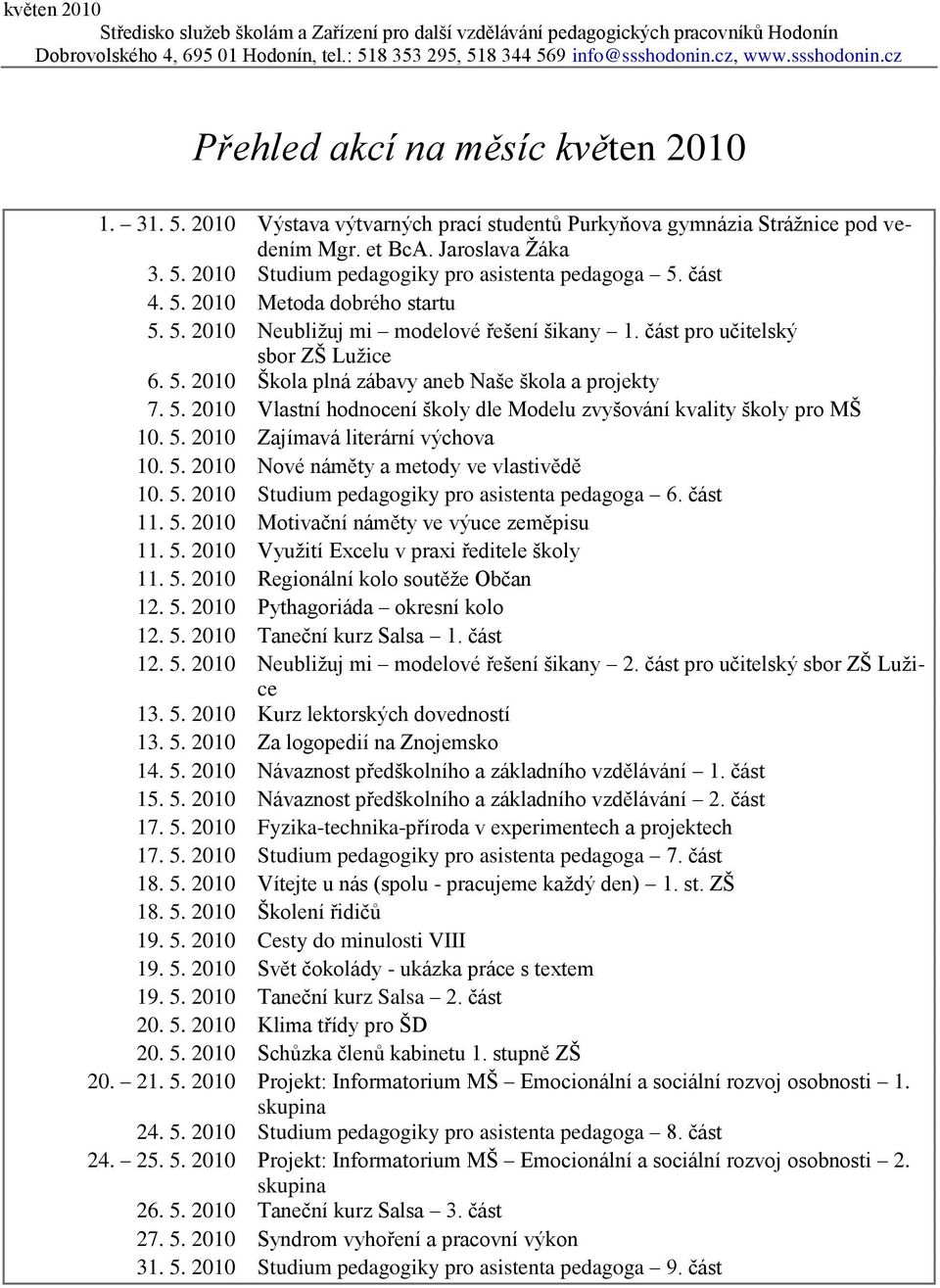 5. 2010 Zajímavá literární výchova 10. 5. 2010 Nové náměty a metody ve vlastivědě 10. 5. 2010 Studium pedagogiky pro asistenta pedagoga 6. část 11. 5. 2010 Motivační náměty ve výuce zeměpisu 11. 5. 2010 Vyuţití Excelu v praxi ředitele školy 11.