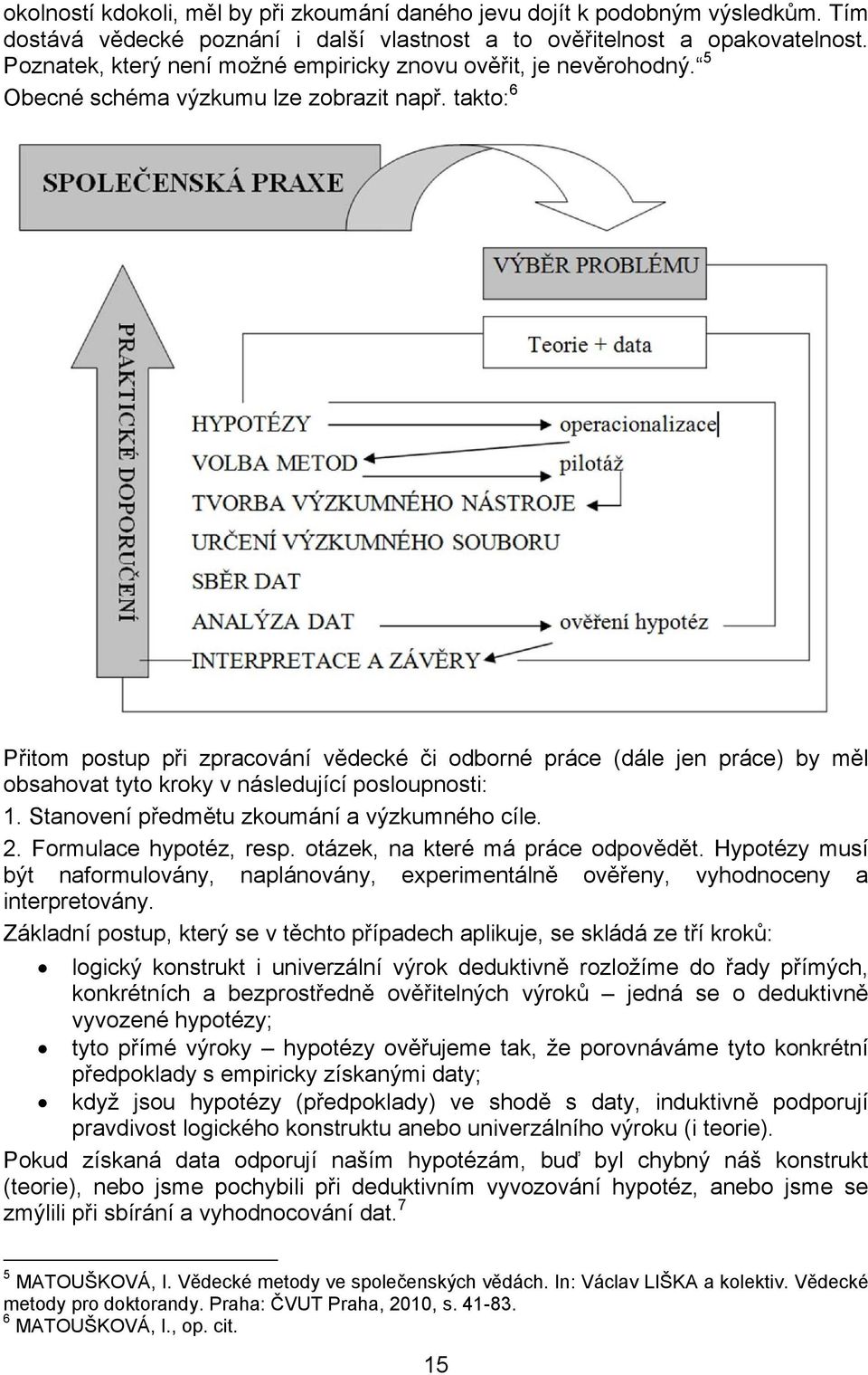 takto: 6 Přitom postup při zpracování vědecké či odborné práce (dále jen práce) by měl obsahovat tyto kroky v následující posloupnosti: 1. Stanovení předmětu zkoumání a výzkumného cíle. 2.