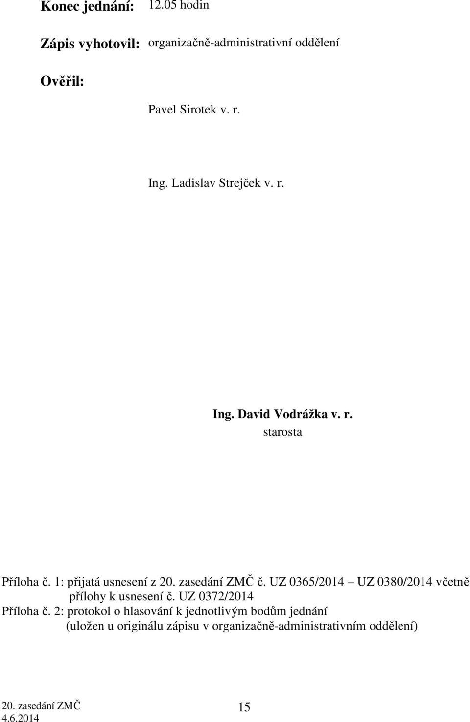 Ladislav Strejček v. r. Ing. David Vodrážka v. r. starosta Příloha č. 1: přijatá usnesení z č.