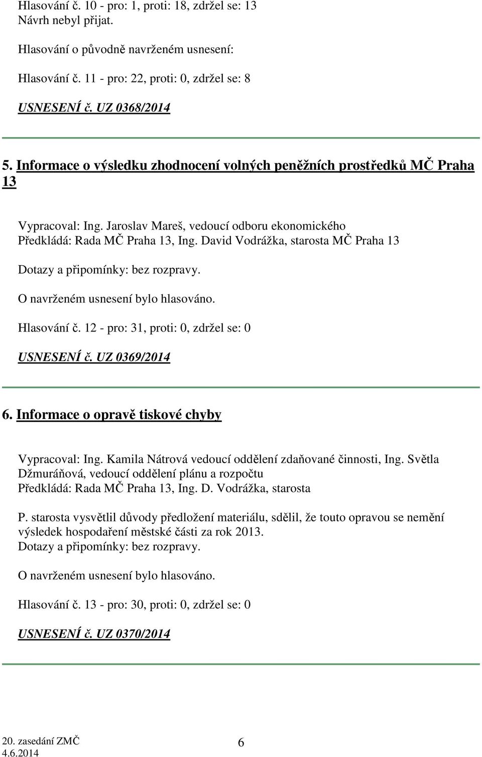 David Vodrážka, starosta MČ Praha 13 bez rozpravy. Hlasování č. 12 - pro: 31, proti: 0, zdržel se: 0 USNESENÍ č. UZ 0369/2014 6. Informace o opravě tiskové chyby Vypracoval: Ing.