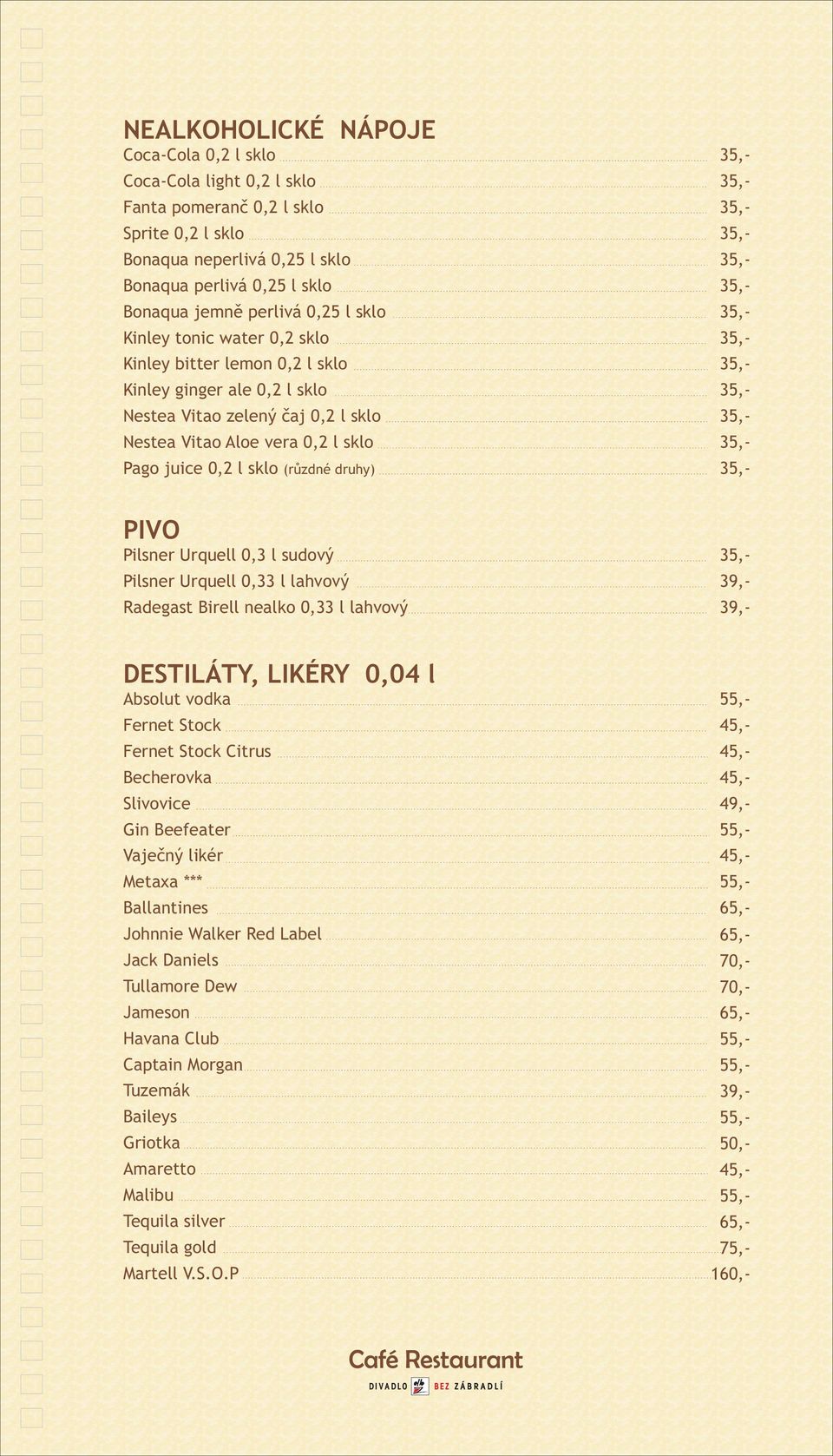 PIVO Pilsner Urquell 0,3 l sudový Pilsner Urquell 0,33 l lahvový Radegast Birell nealko 0,33 l lahvový 39,- 39,- DESTILÁTY, LIKÉRY 0,04 l Absolut vodka Fernet Stock Fernet Stock Citrus Becherovka