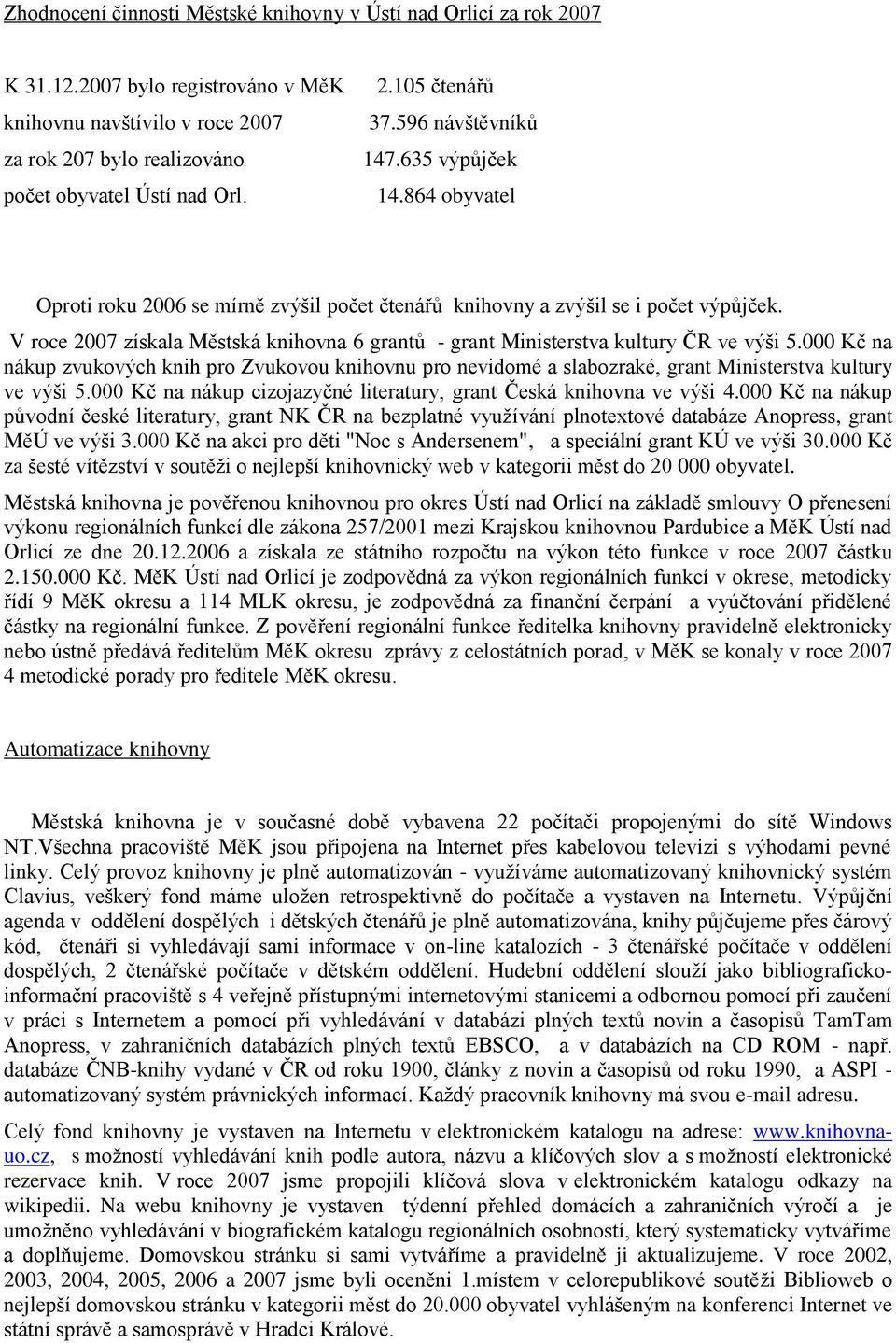 V roce 2007 získala Městská knihovna 6 grantů - grant Ministerstva kultury ČR ve výši 5.