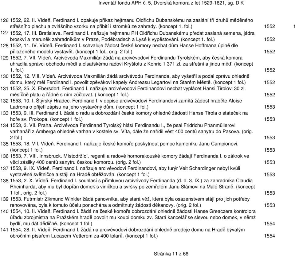 (koncept 1. fol.) 1552 128 1552, 11. IV. Vídeň. Ferdinand I. schvaluje žádost české komory nechat dům Hanse Hoffmana úplně dle přiloženého modelu vystavět. (koncept 1 fol., orig. 2 fol.