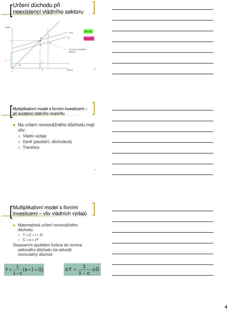 (paušální, důchodová) Transfery 11 Multiplikativní model s fixními investicemi vliv vládních výdajů Matematické určení rovnovážného důchodu Y