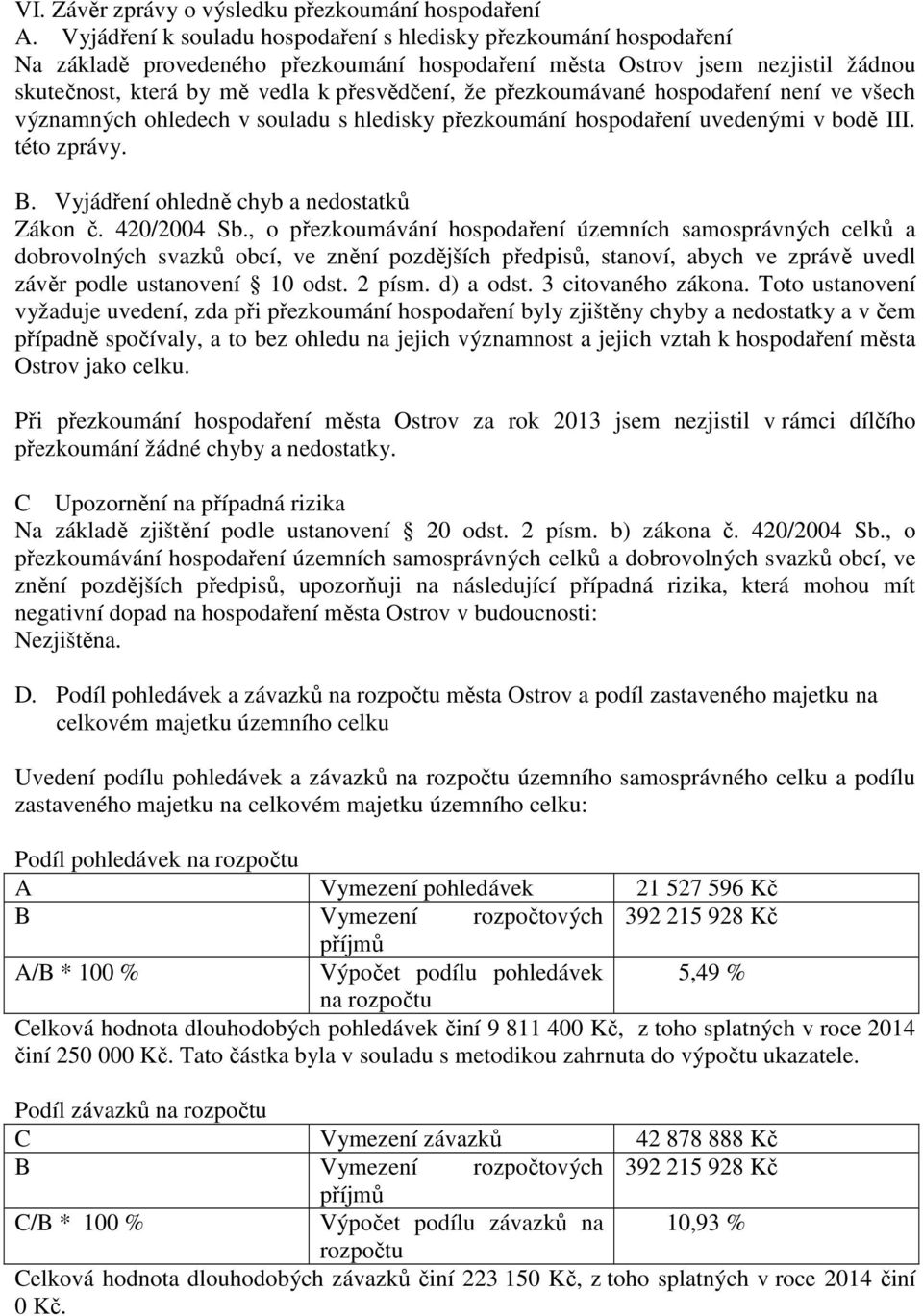 přezkoumávané hospodaření není ve všech významných ohledech v souladu s hledisky přezkoumání hospodaření uvedenými v bodě III. této zprávy. B. Vyjádření ohledně chyb a nedostatků Zákon č. 420/2004 Sb.