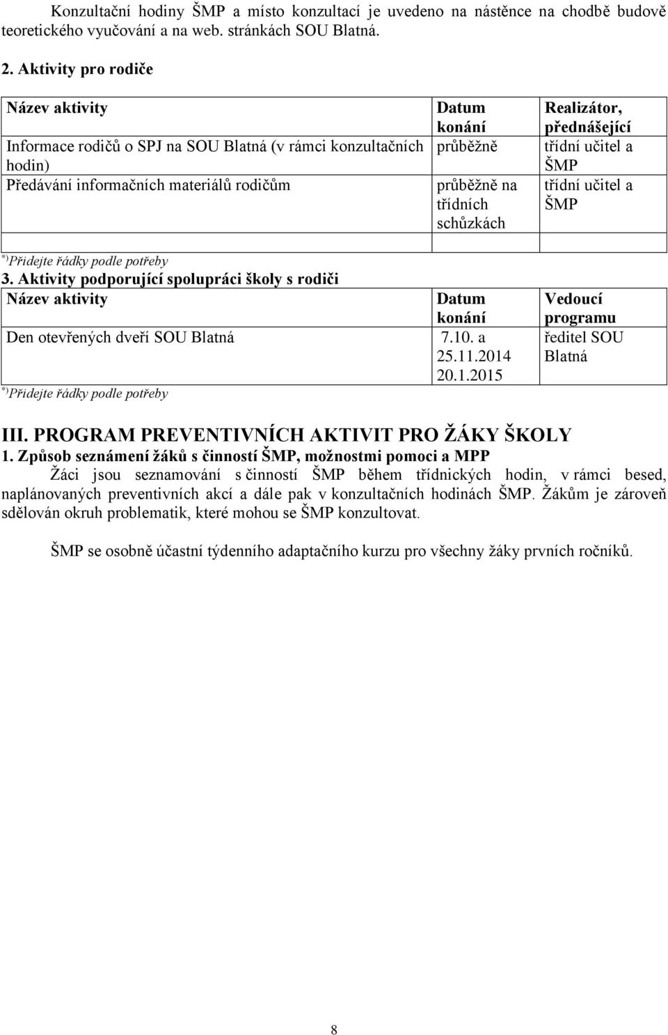 Aktivity podporující spolupráci školy s rodiči Název aktivity Den otevřených dveří SOU Blatná Datum konání průběžně průběžně na třídních schůzkách Datum konání 7.10