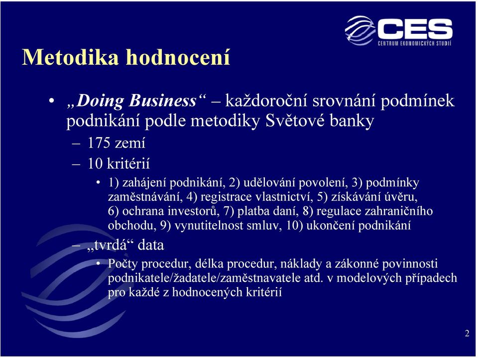 investorů, 7) platba daní, 8) regulace zahraničního obchodu, 9) vynutitelnost smluv, 10) ukončení podnikání tvrdá data Počty