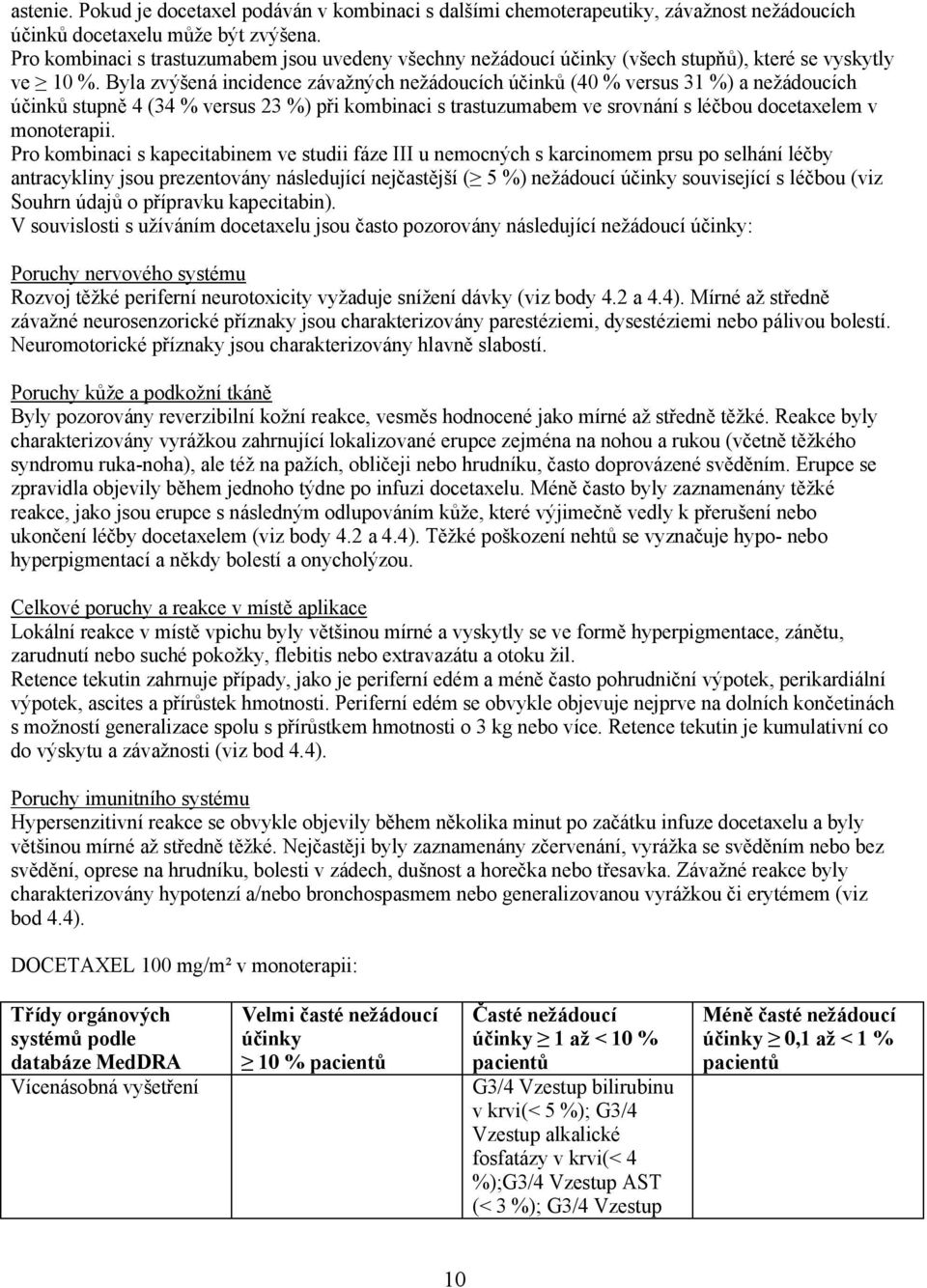 Byla zvýšená incidence závažných nežádoucích účinků (40 % versus 31 %) a nežádoucích účinků stupně 4 (34 % versus 23 %) při kombinaci s trastuzumabem ve srovnání s léčbou docetaxelem v monoterapii.