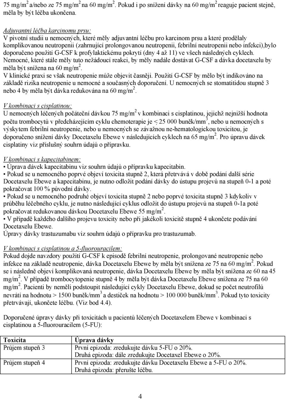 febrilní neutropenii nebo infekci),bylo doporučeno použití G-CSF k profylaktickému pokrytí (dny 4 až 11) ve všech následných cyklech.