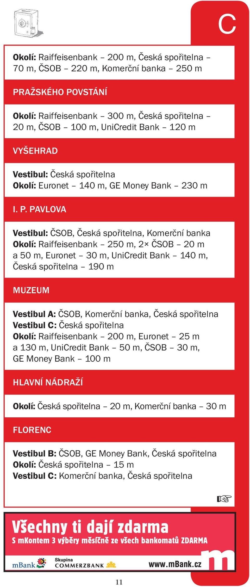 PAVLOVA Vestibul: ČSOB, Česká spořitelna, Komerční banka Okolí: Raiffeisenbank 250 m, 2 ČSOB 20 m a 50 m, Euronet 30 m, UniCredit Bank 140 m, Česká spořitelna 190 m MUZEUM Vestibul A: ČSOB, Komerční