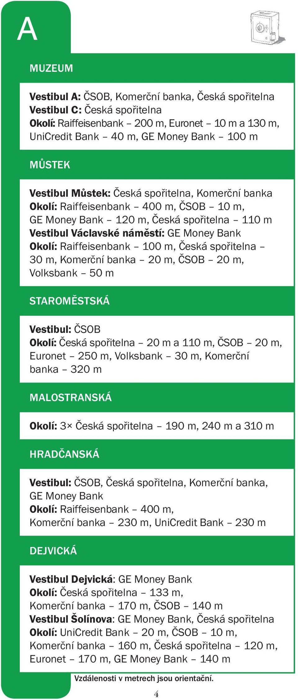 Česká spořitelna 30 m, Komerční banka 20 m, ČSOB 20 m, Volksbank 50 m STAROMĚSTSKÁ Vestibul: ČSOB Okolí: Česká spořitelna 20 m a 110 m, ČSOB 20 m, Euronet 250 m, Volksbank 30 m, Komerční banka 320 m