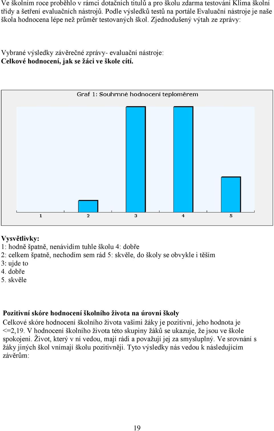 Zjednodušený výtah ze zprávy: Vybrané výsledky závěrečné zprávy- evaluační nástroje: Celkové hodnocení, jak se žáci ve škole cítí.