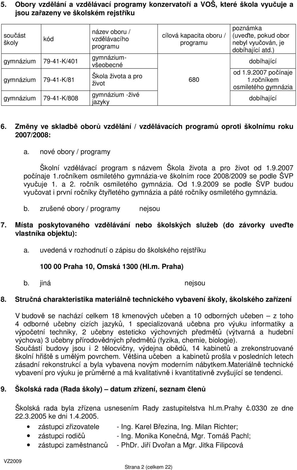 dobíhající atd.) dobíhající od 1.9.2007 počínaje 1.ročníkem osmiletého gymnázia dobíhající 6. Změny ve skladbě oborů vzdělání / vzdělávacích programů oproti školnímu roku 2007/2008: a.