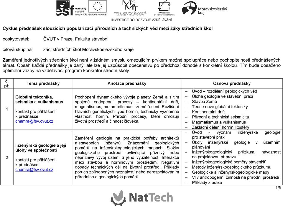 Obsah každé přednášky je daný, ale lze jej uzpůsobit obecenstvu po předchozí dohodě s konkrétní školou. Tím bude dosaženo optimální vazby na vzdělávací program konkrétní střední školy. č.