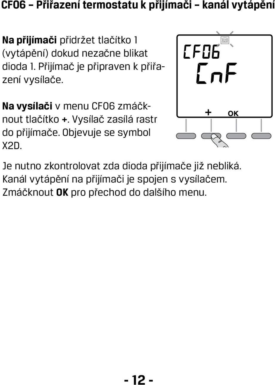 Na vysílači v menu CF06 zmáčknout tlačítko +. Vysílač zasílá rastr do přijímače. Objevuje se symbol X2D.