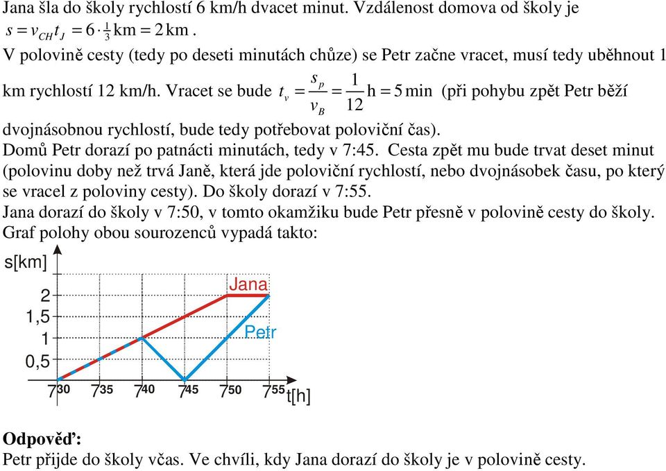 Vracet se bude t = = h = 5min (ři ohybu zět etr běží B 2 dojnásobnou rychlostí, bude tedy otřeboat oloiční čas). Domů etr dorazí o atnácti minutách, tedy 7:45.