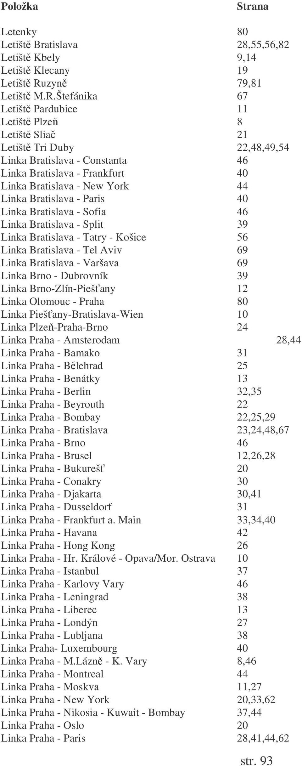 Štefánika 67 Letišt Pardubice 11 Letišt Plze 8 Letišt Slia 21 Letišt Tri Duby 22,48,49,54 Linka Bratislava - Constanta 46 Linka Bratislava - Frankfurt 40 Linka Bratislava - New York 44 Linka