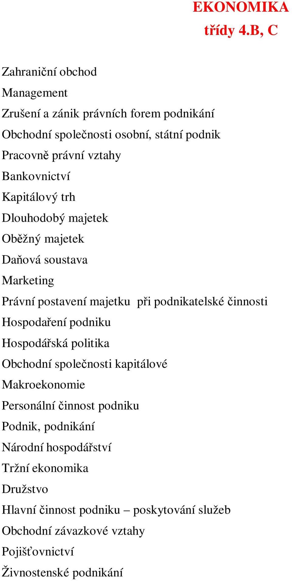 Bankovnictví Kapitálový trh Dlouhodobý majetek Obžný majetek Daová soustava Marketing Právní postavení majetku pi podnikatelské innosti