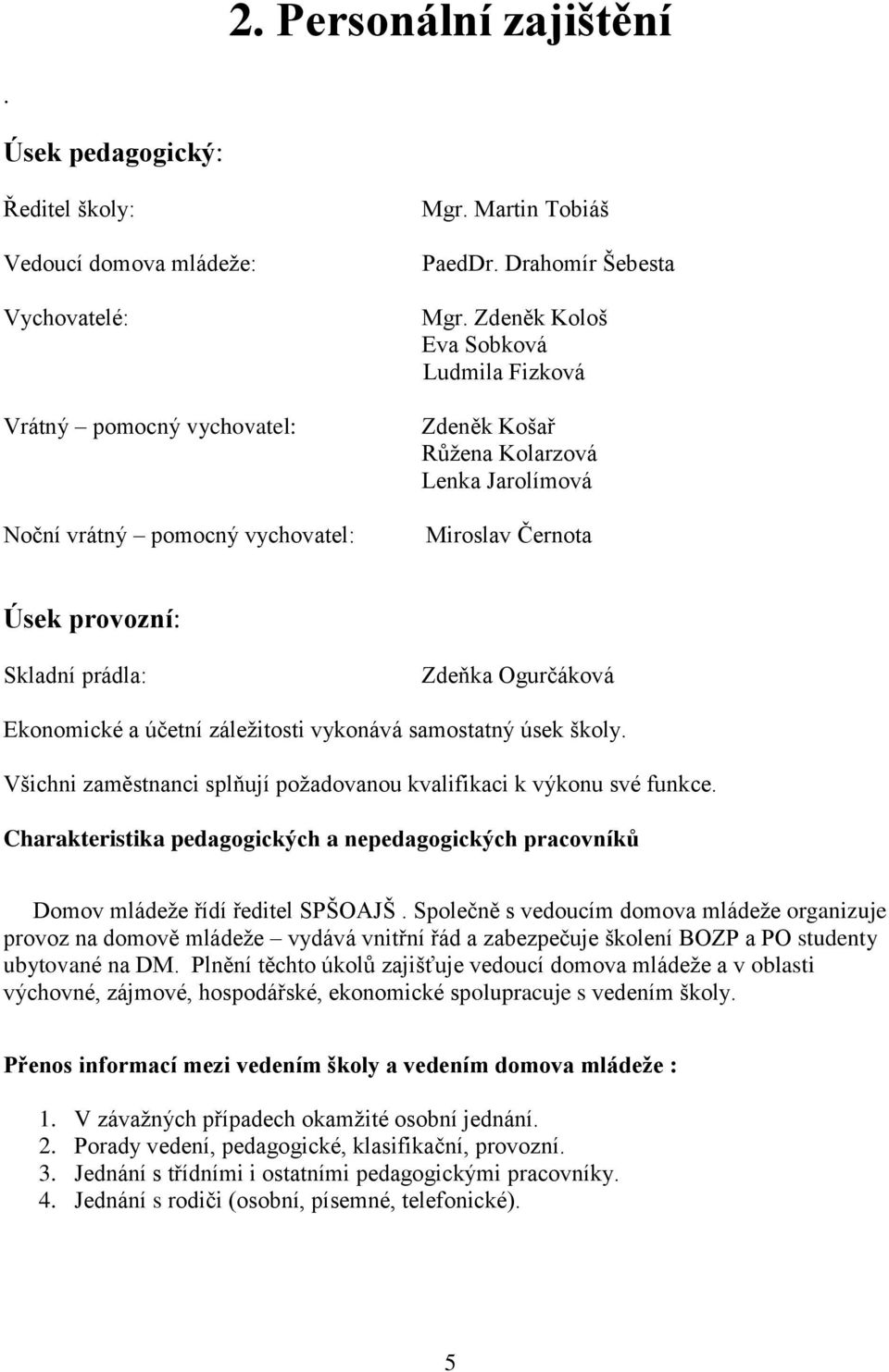 Zdeněk Kološ Eva Sobková Ludmila Fizková Zdeněk Košař Růžena Kolarzová Lenka Jarolímová Miroslav Černota Úsek provozní: Skladní prádla: Zdeňka Ogurčáková Ekonomické a účetní záležitosti vykonává