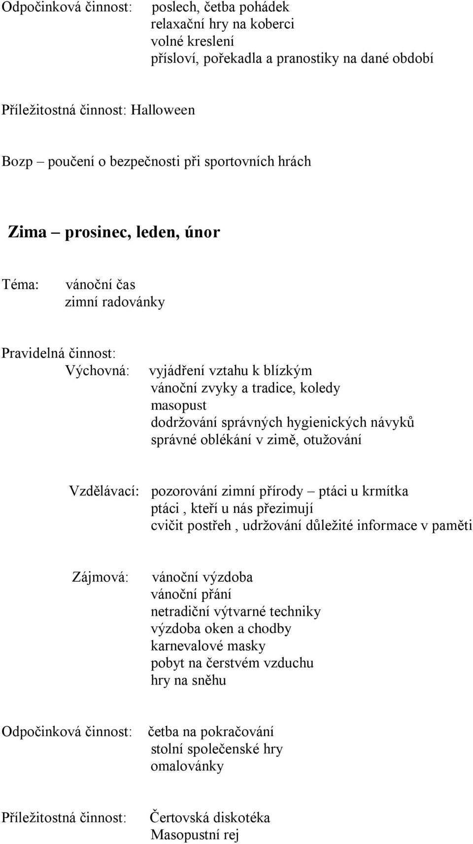 hygienických návyků správné oblékání v zimě, otužování Vzdělávací: pozorování zimní přírody ptáci u krmítka ptáci, kteří u nás přezimují cvičit postřeh, udržování důležité informace v paměti Zájmová: