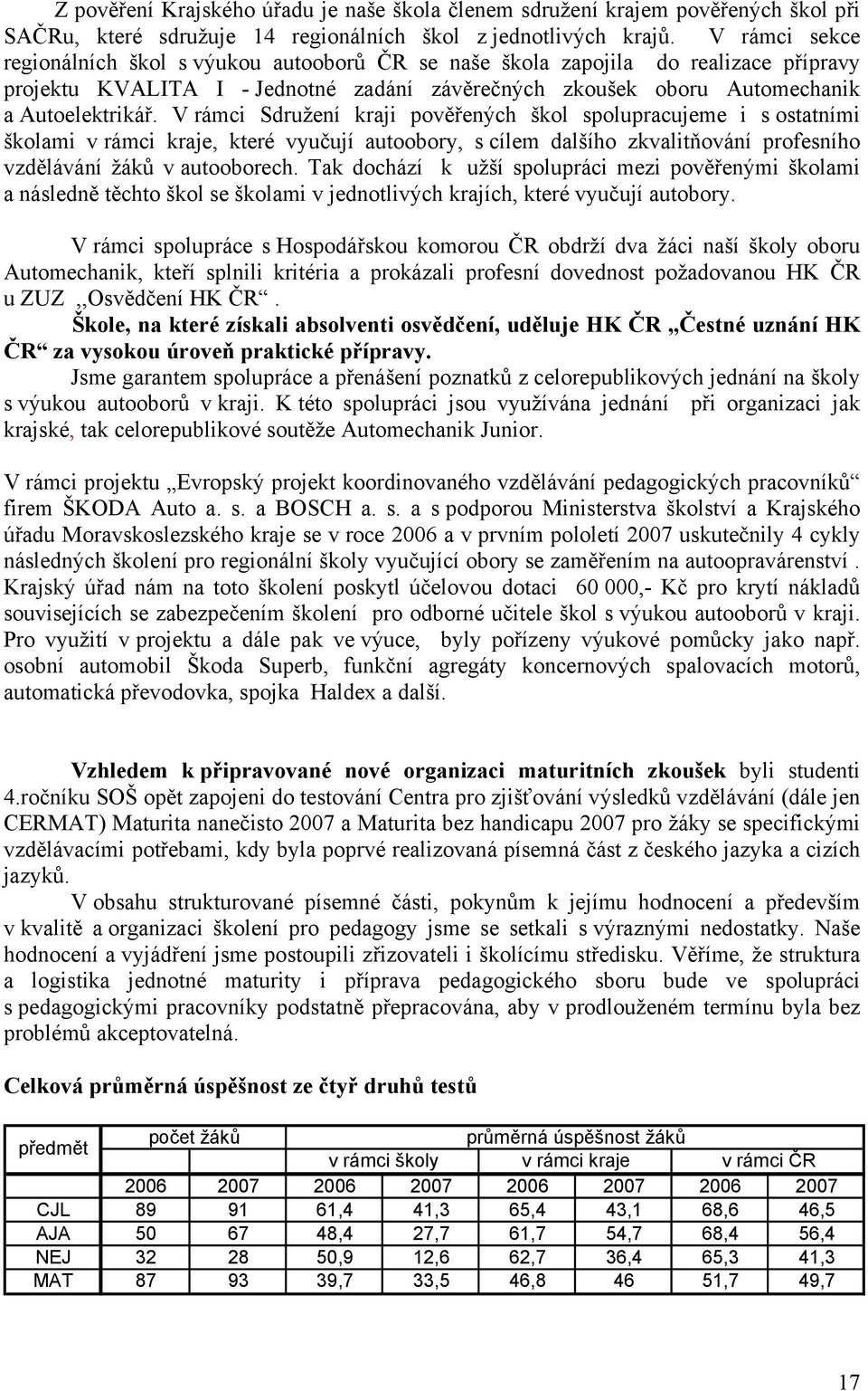 V rámci Sdružení kraji pověřených škol spolupracujeme i s ostatními školami v rámci kraje, které vyučují autoobory, s cílem dalšího zkvalitňování profesního vzdělávání žáků v autooborech.