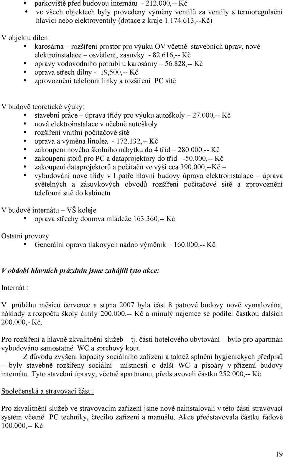 828,-- Kč oprava střech dílny - 19,500,-- Kč zprovoznění telefonní linky a rozšíření PC sítě V budově teoretické výuky: stavební práce úprava třídy pro výuku autoškoly 27.