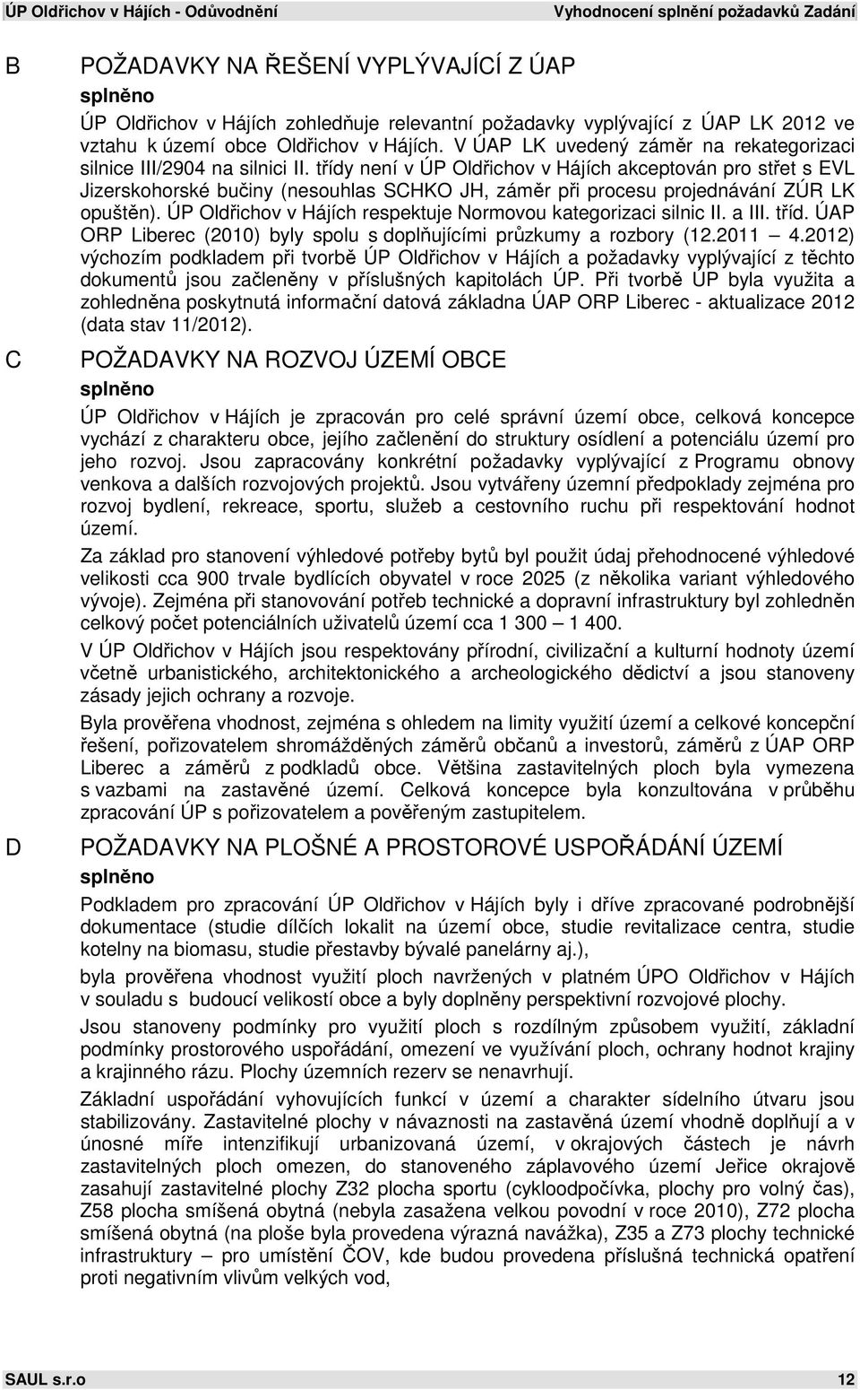 třídy není v ÚP Oldřichov v Hájích akceptován pro střet s EVL Jizerskohorské bučiny (nesouhlas SCHKO JH, záměr při procesu projednávání ZÚR LK opuštěn).