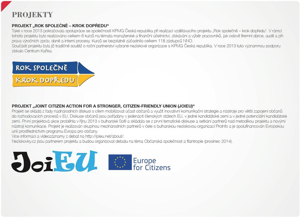 interní procesy. Kurzů se bezplatně zúčastnilo celkem 118 zástupců NNO. Součástí projektu byla již tradičně soutěž o roční partnerství vybrané neziskové organizace s KPMG Česká republika.