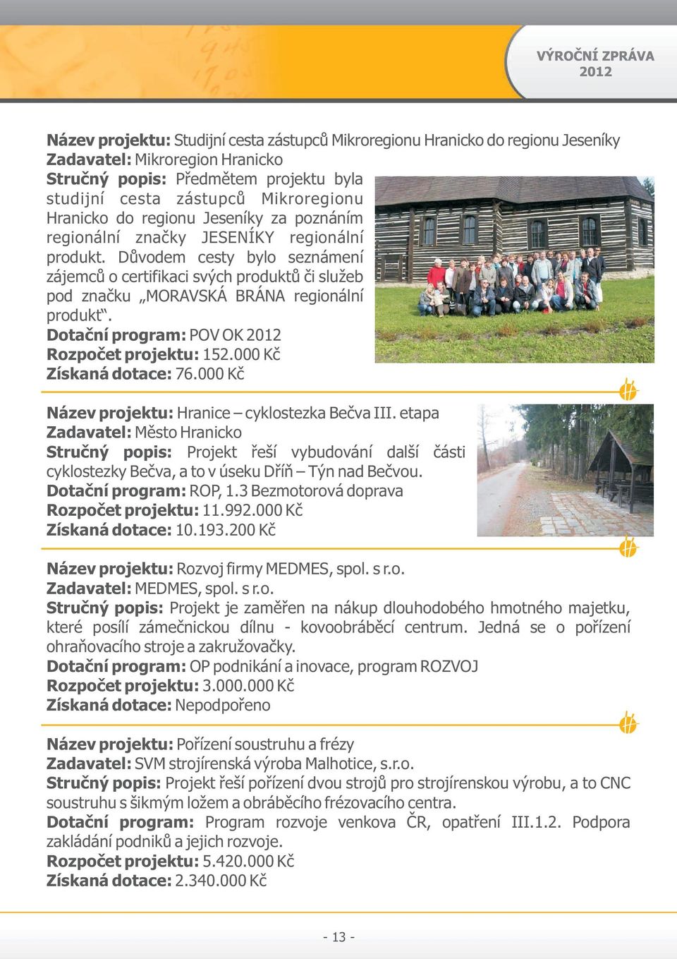 Dotační program: POV OK 2012 Rozpočet projektu: 152.000 Kč Získaná dotace: 76.000 Kč Název projektu: Hranice cyklostezka Bečva III.