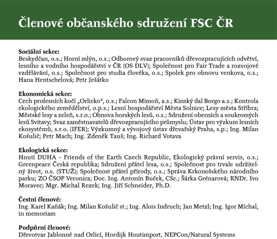 s.; Kontrola ekologického zemědělství, o.p.s.; Lesní hospodářství Města Solnice; Lesy města Stříbra; Městské lesy a zeleň, s.r.o.; Obnova horských lesů, o.s.; Sdružení obecních a soukromých lesů Svitavy; Svaz zaměstnavatelů dřevozpracujícího průmyslu; Ústav pro výzkum lesních ekosystémů, s.