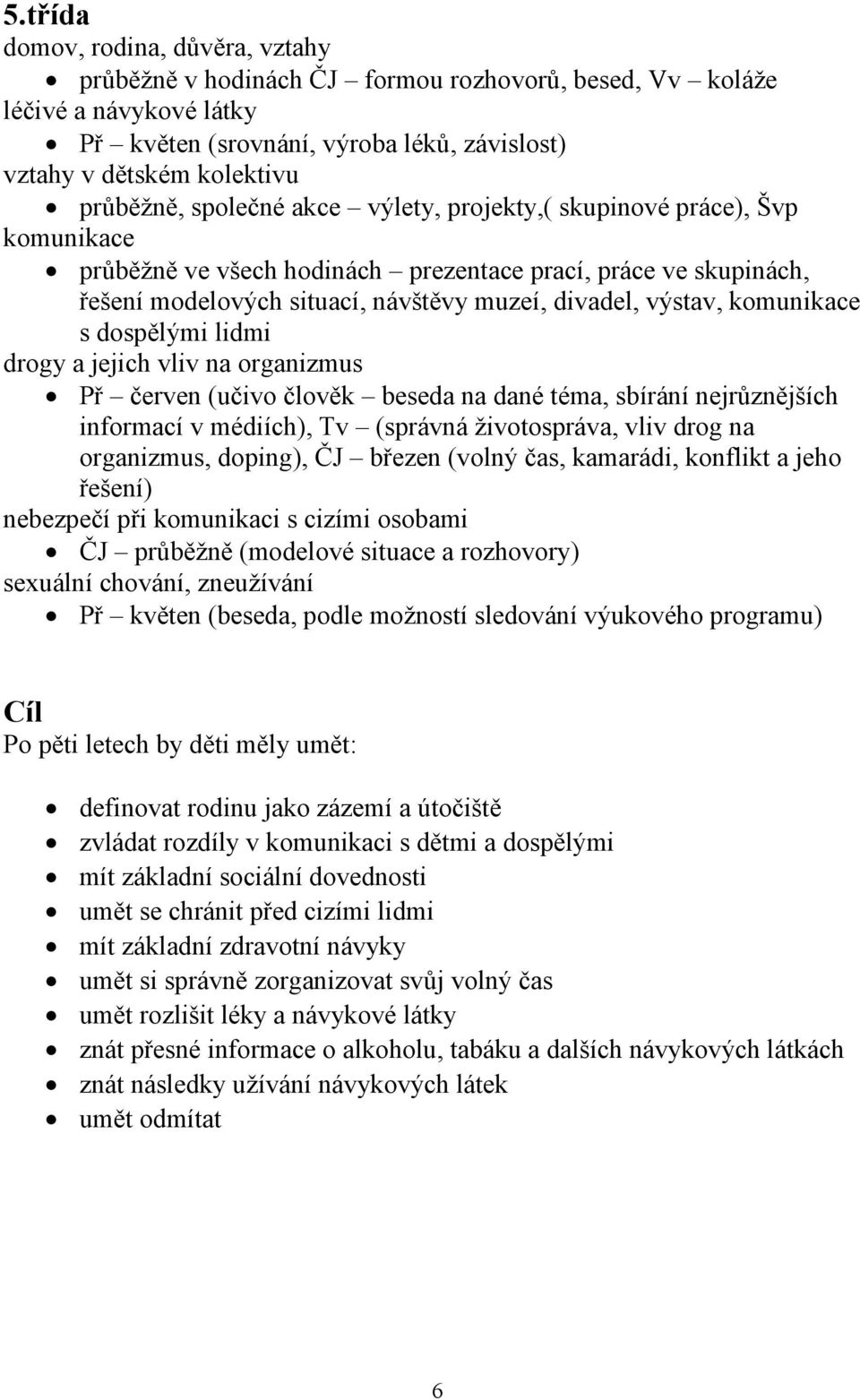 výstav, komunikace s dospělými lidmi drogy a jejich vliv na organizmus Př červen (učivo člověk beseda na dané téma, sbírání nejrůznějších informací v médiích), Tv (správná životospráva, vliv drog na