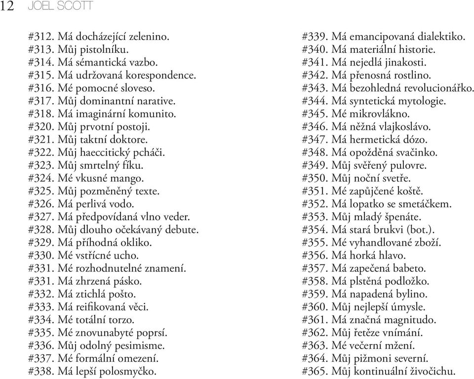 Má perlivá vodo. #327. Má předpovídaná vlno veder. #328. Můj dlouho očekávaný debute. #329. Má příhodná okliko. #330. Mé vstřícné ucho. #331. Mé rozhodnutelné znamení. #331. Má zhrzená pásko. #332.