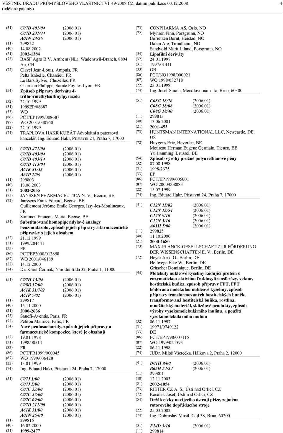 4- trifluormethylsulfinylpyrazolu 22.10.1999 1999EP/08687 WO PCT/EP1999/008687 WO 2001/030760 22.10.1999 TRAPLOVÁ HAKR KUBÁT Advokátní a patentová kancelář, Ing.