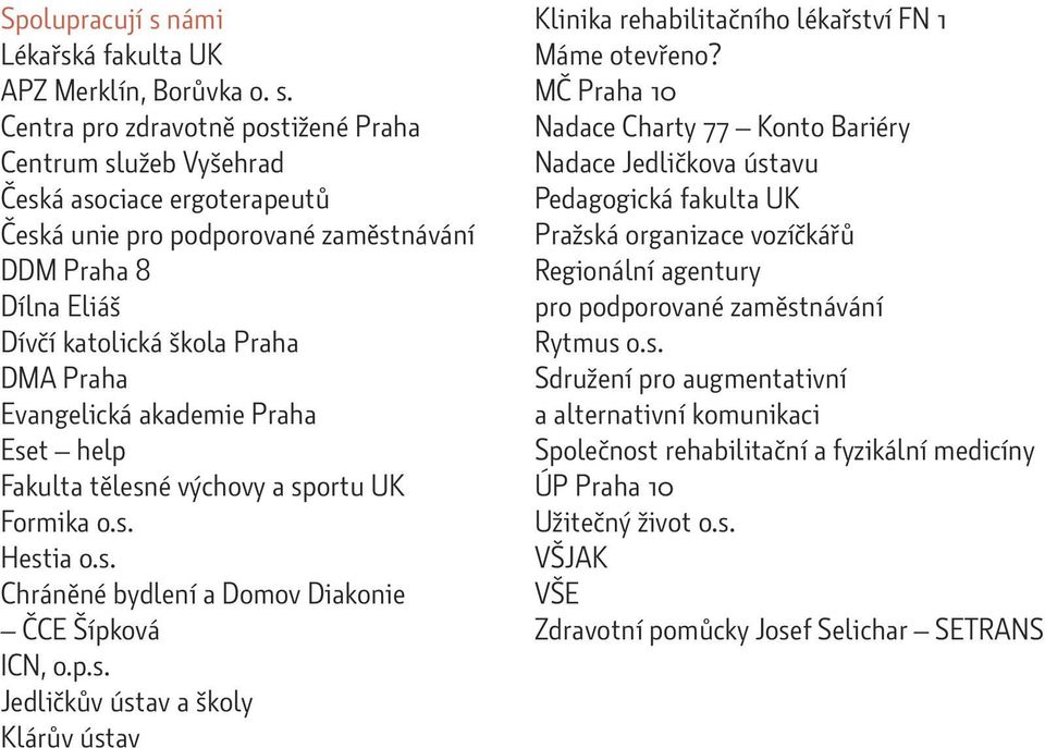 Centra pro zdravotně postižené Praha Centrum služeb Vyšehrad Česká asociace ergoterapeutů Česká unie pro podporované zaměstnávání DDM Praha 8 Dílna Eliáš Dívčí katolická škola Praha DMA Praha